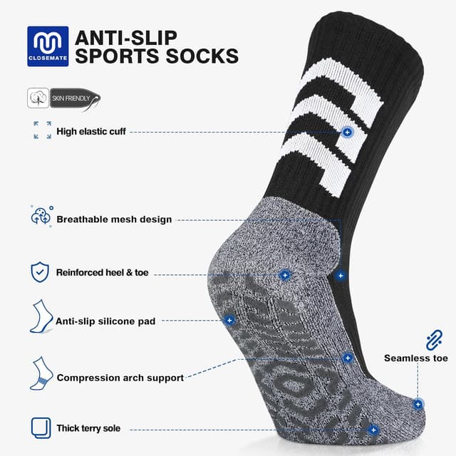Detalle de CLOSEMATE 1/3 Paar Anti-Rutsch Fußballsocken für Herren – Grip-Sportsocken für Fußball, Basketball & mehr