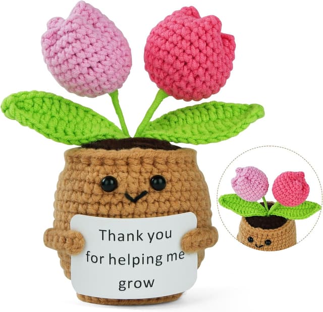 Detalle de Vicloon Mini Positive Doll, peluche a forma di piantina in vaso all’uncinetto con carta positiva