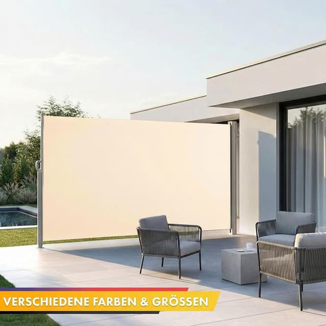 Detalle 2 de Floordirekt Seitenmarkise aus Aluminium (180x450 cm) in Beige – ausziehbarer Sicht- und Sonnenschutz für Balkon & Terrasse