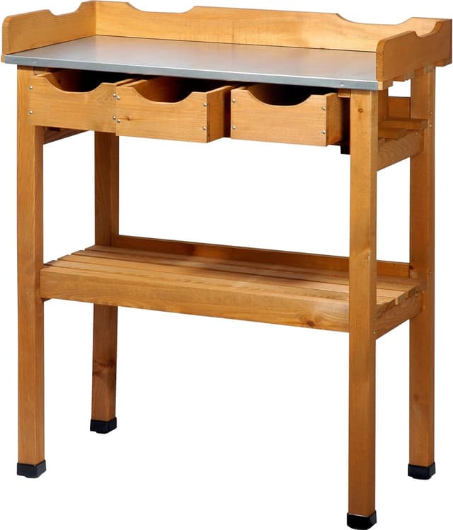 Detalle de Tavolo piantare dobar 29030e in legno di pino impregnato con 3 cassetti e 2 ripiani, superficie zincata