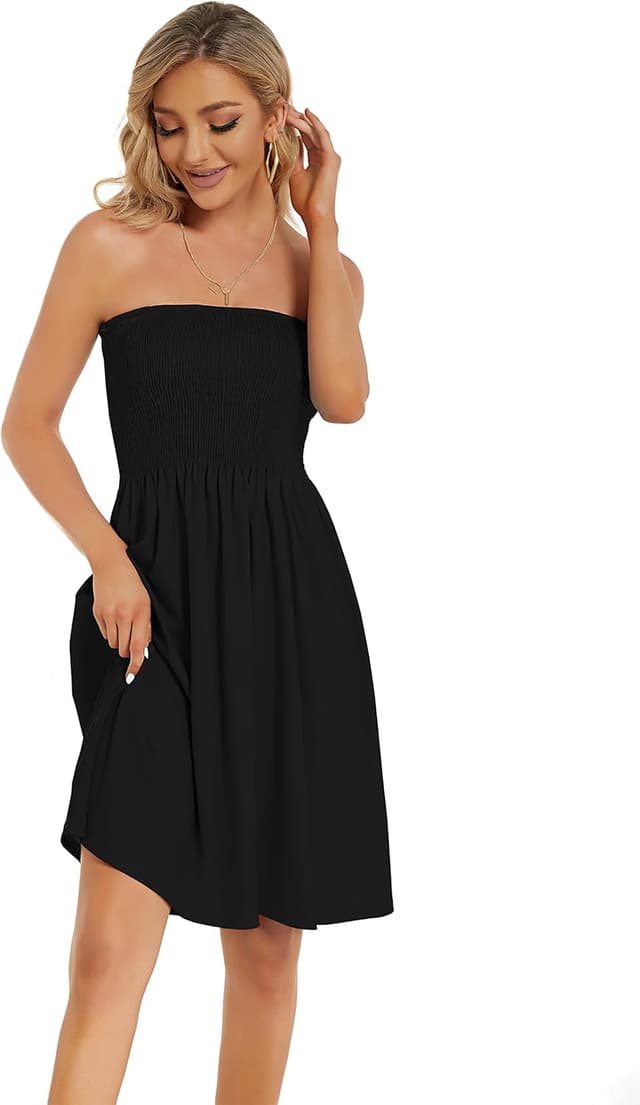 Detalle de Gosunny Damen Sommerkleid schulterfrei (Bandeau) aus Polyester/Elasthan – ärmelloses Freizeitkleid für Strand & Urlaub