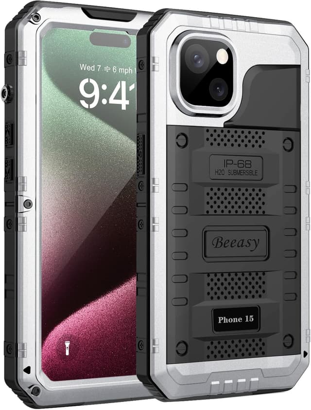 Detalle de Beeasy Robust Series iPhone 15 Waterproof Heavy Duty Case (Silver) – full-body shockproof armour cover