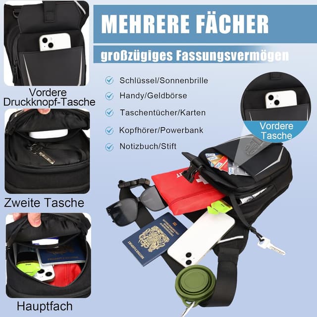 Detalle de Eshow Beintasche Motorrad – erweiterbare Oberschenkeltasche mit verstellbarem Beinriemen, 2 Karabinern und Reflexstreifen