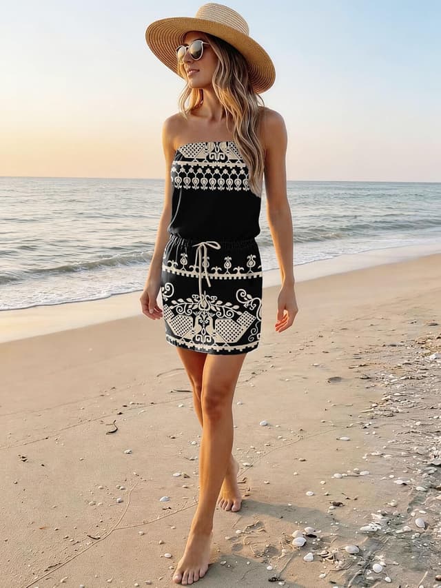 Detalle 2 de Women’s Strapless Summer Dress Boho Beach Cover-Up with Pockets and Drawstring Waist