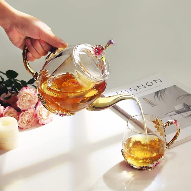 Detalle 2 de Luka Tech 35OZ Enamel Glass Flower Teapot With Removable Loose Tea Leaf Infuser
