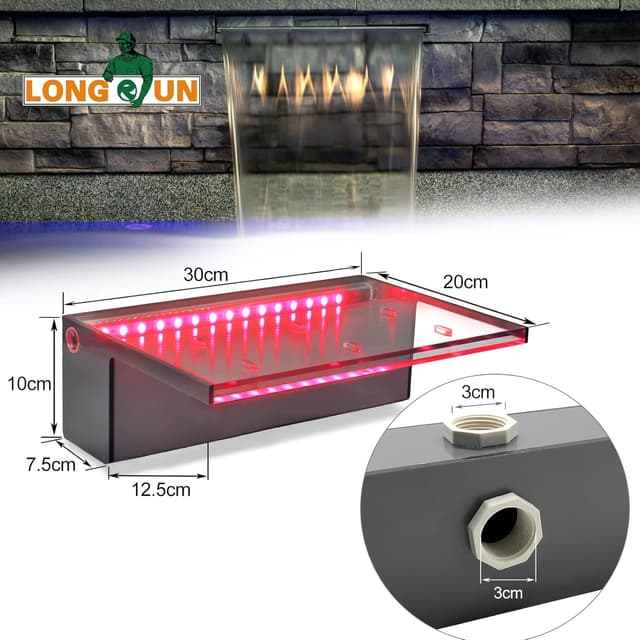 Detalle de LONGRUN Pool Wasserfall Bachlaufsets für den Garten – Acryl-Wasserfontäne mit Farbwechsel-LED (für 30 cm)
