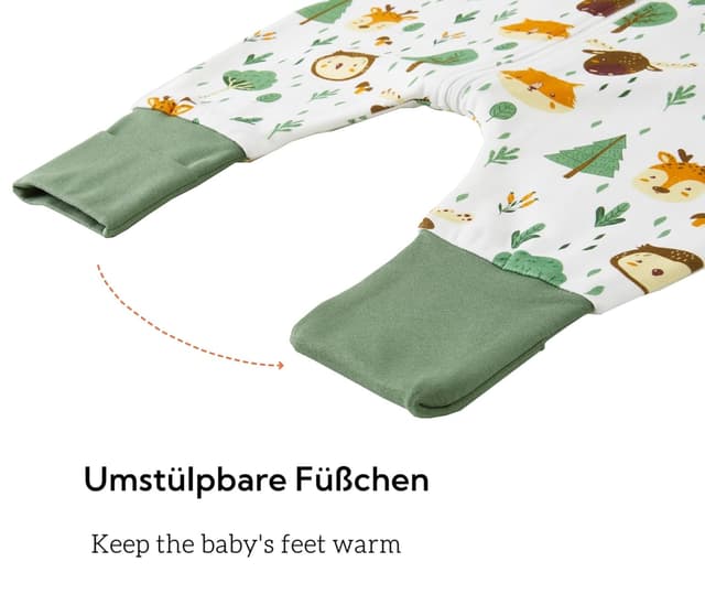 Detalle de Chilsuessy Baby Schlafsack mit Füßen 1,5 Tog (Waldtiere) aus 100% Baumwolle – Ganzjahres-Schlafsack für 95–105 cm