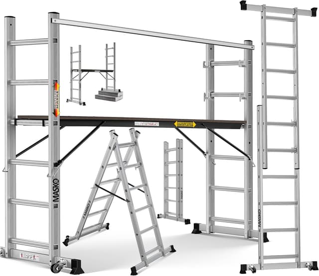 Detalle de Masko® Baugerüst Alugerüst „4in1“ mit Anlegeleiter, Bockleiter und Arbeitsbühne – bis 150 kg belastbar