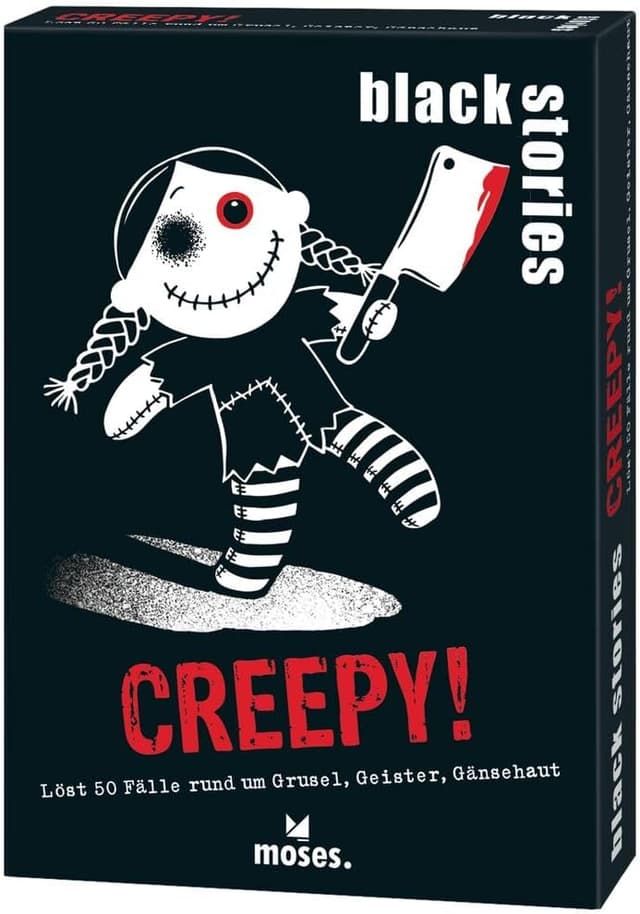 Detalle de Moses Black Stories Creepy! – 50 énigmes de crime à résoudre en équipe (jeu de cartes)