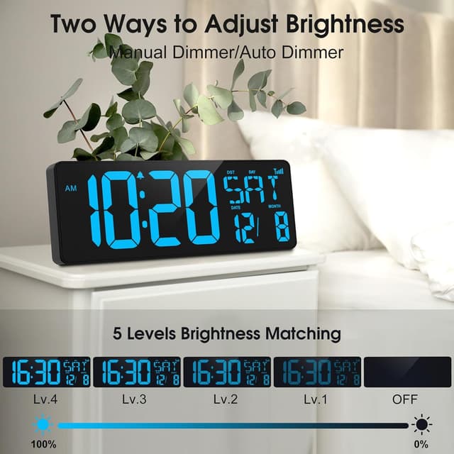 Detalle de XREXS 17 Inch Digital Wall Clock with Bluetooth auto-sync, auto-dimming and time/date/temperature display