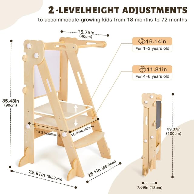 Detalle de labebe klappbarer Lernturm aus Holz mit zweiseitiger Tafel (Montessori Learning Tower, 3-in-1, ab 1 Jahr)
