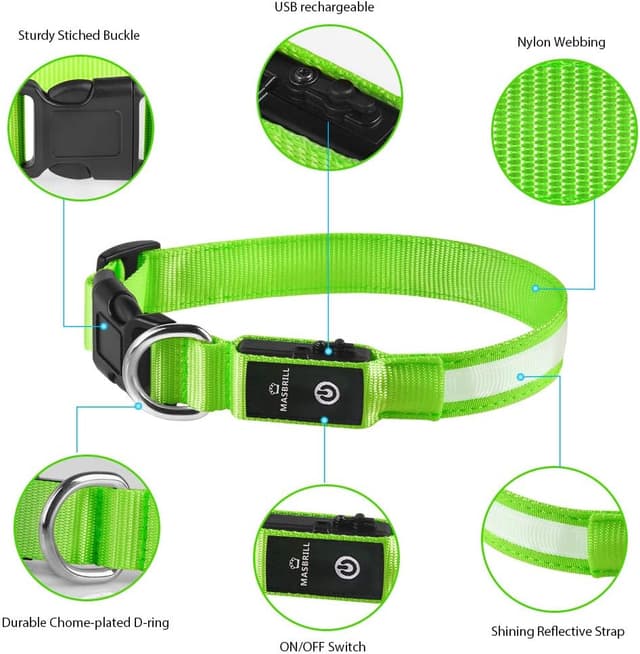 Detalle 2 de MASBRILL Light Up Dog Collar (Green) – Rechargeable, Waterproof LED collar with 3 lighting modes