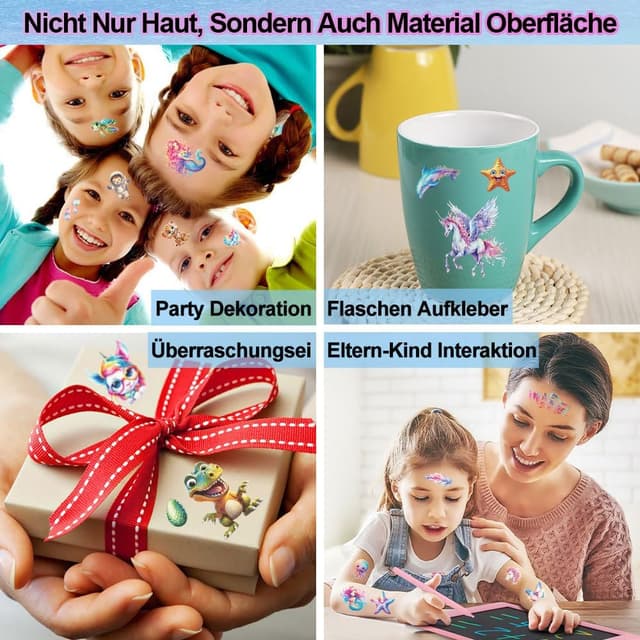 Detalle de JOJOLUXE Tiere Glitzer Tattoo Set Kinder (12 Blätter) – hautfreundliche temporäre Fake-Tattoos mit Glitter