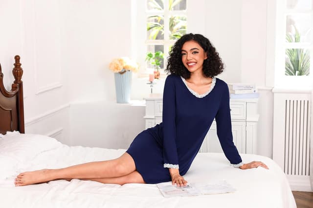 Detalle de Bresdk chemise de nuit femme manches longues en coton à col en V avec dentelle