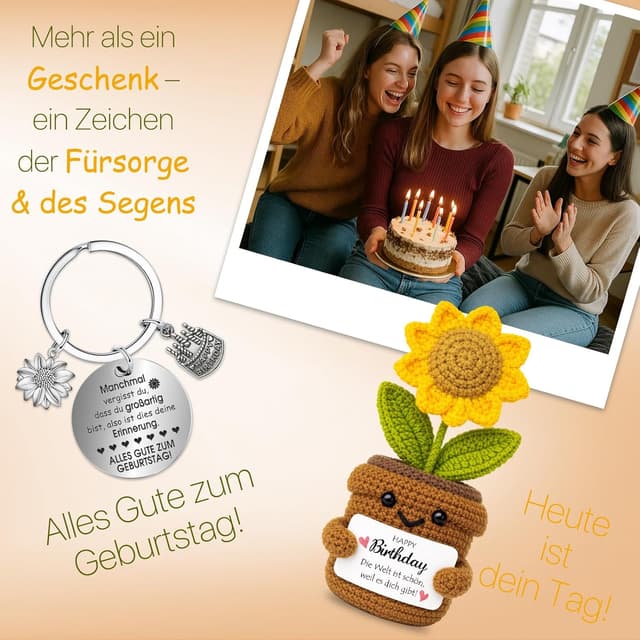 Thumbnail 6 de Farbeele Positive Sonnenblume & Glücksbringer-Schlüsselanhänger (Pocket Hug Figur) – Geburtstagsgeschenk mit Wunschkarte