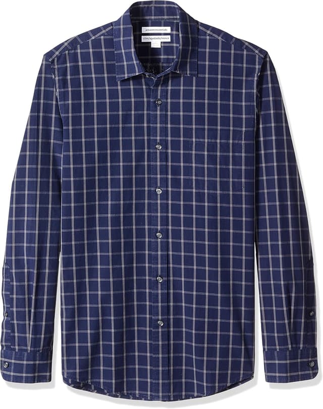 Detalle de Amazon Essentials Men’s Slim-Fit Long-Sleeve Poplin Gingham Shirt with Pocket