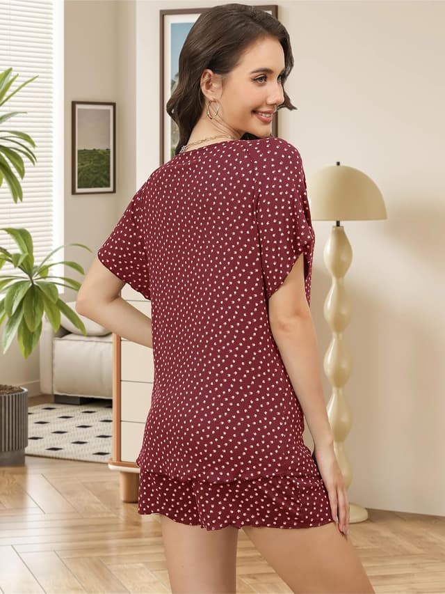 Detalle de Reliwel Damen-Schlafanzug kurz mit Knopfleiste aus Baumwolle (V-Ausschnitt, kurzarm) – 2-teiliges Pyjama-Set