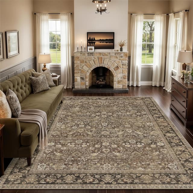 Detalle 1 de PureCozy Vintage Area Rug, Extra Large 240x300 cm, Machine Washable Brown (Non-Slip, Low Pile)