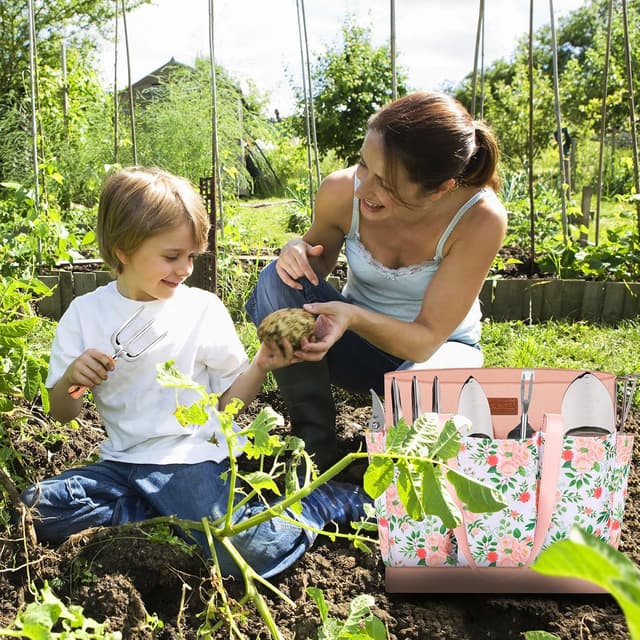 Detalle 2 de YAUNGEL Set di attrezzi da giardinaggio da 10 pezzi in acciaio inox con manici in legno antiscivolo (rosa)
