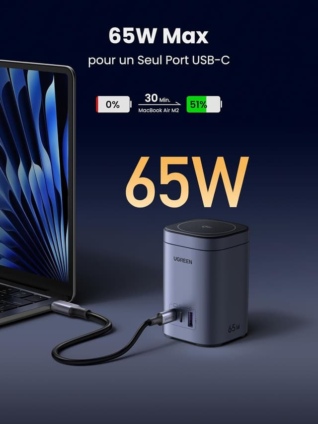 Detalle 2 de UGREEN Nexode 65W chargeur station 15W Qi2