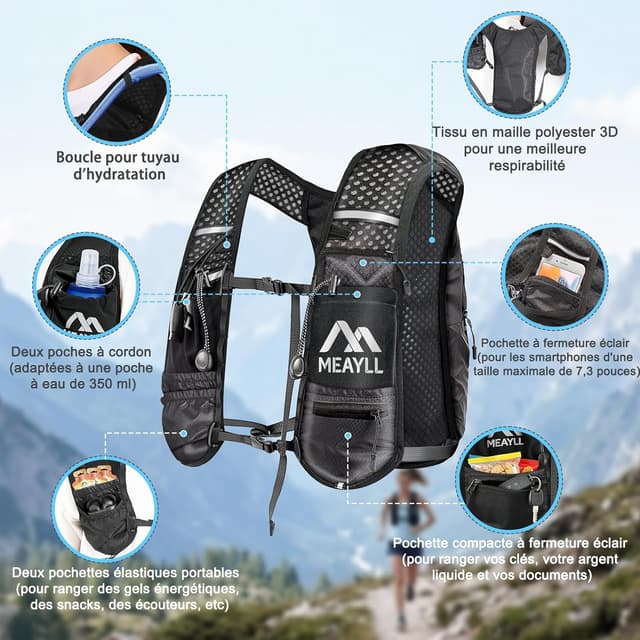 Detalle de Leichte Laufweste mit 1-l-Trinkblase und 9 Taschen für Damen & Herren – verstellbar, reflektierende Streifen