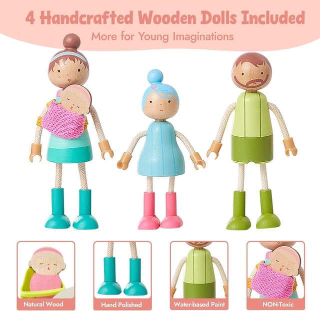 Detalle de Giant bean Puppenhaus Möbel Set aus Holz (36-teilig) – Rosa, Puppenhaus-Zubehör für Kinder ab 3 Jahren