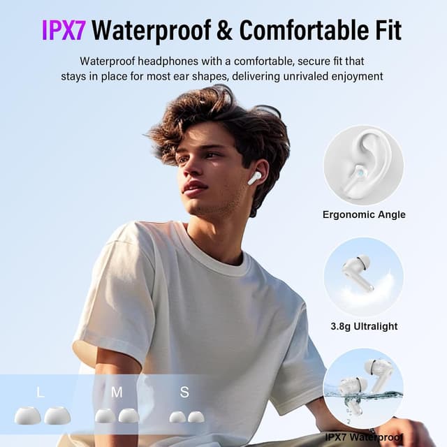 Detalle de 2026 Wireless Earbuds Bluetooth 5.4 In-Ear with ANC/ENC, Transparency Mode and Touch-Screen Charging Case (White)