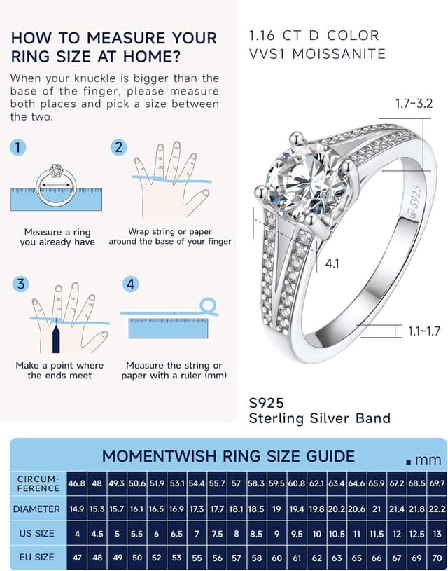 Detalle 2 de MomentWish Verlobungsring für Damen mit 1 Karat Moissanit und 925er Sterling Silber