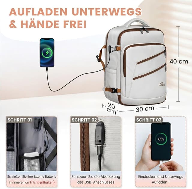 Detalle de MATEIN Ryanair Handgepäck 40x30x20 Cloud Dancer – Rucksack mit 15,6-Zoll-Laptopfach und USB-Ladeanschluss