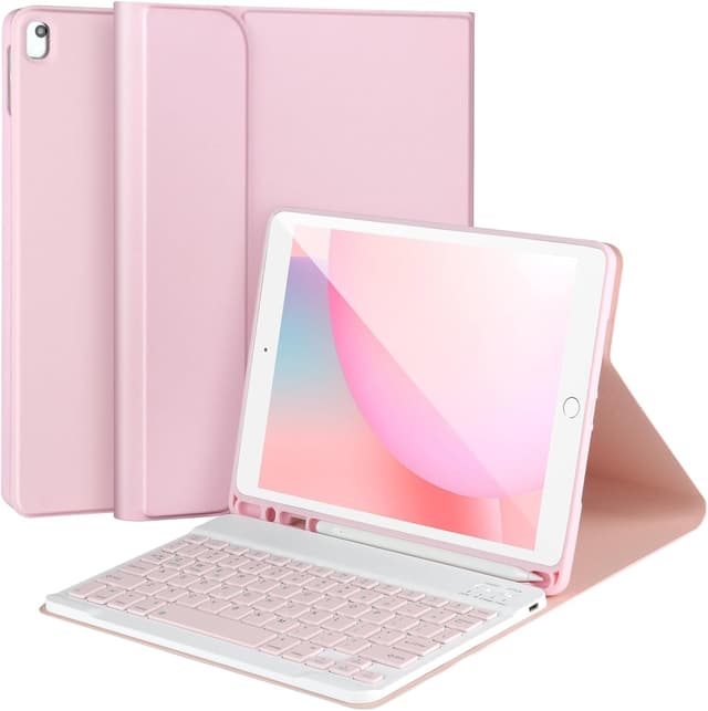 Detalle de APHBZGE Keyboard Case for iPad 9/8/7th Gen 10.2" – detachable Bluetooth keyboard, auto wake, pencil holder (Pink)