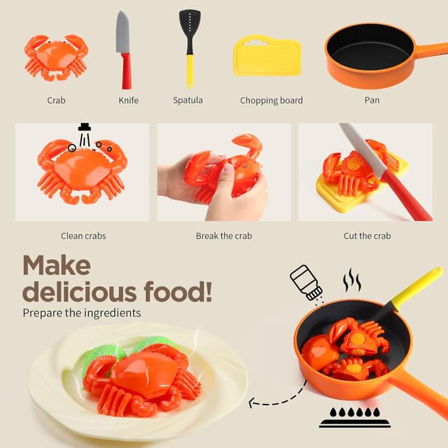 Detalle de GILOBABY Kids Toy Kitchen Accessories complete playset with play food (pots, pans, utensils, cutting board)