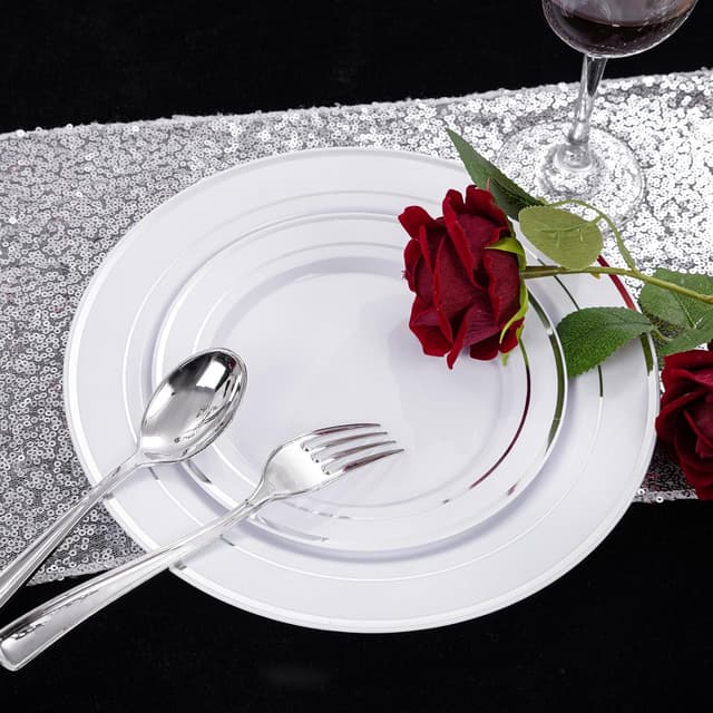 Detalle de 200-Pack Silver Plastic Plates (100 Dinner + 100 Dessert) — BPA-Free Disposable Party Tableware