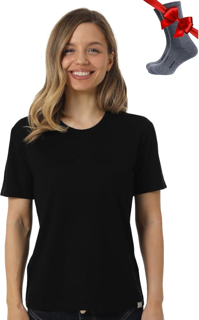 Detalle de Merino.tech 100% Merino Wool T-Shirt for Women (Base Layer Short Sleeve) + Hiking Socks Set