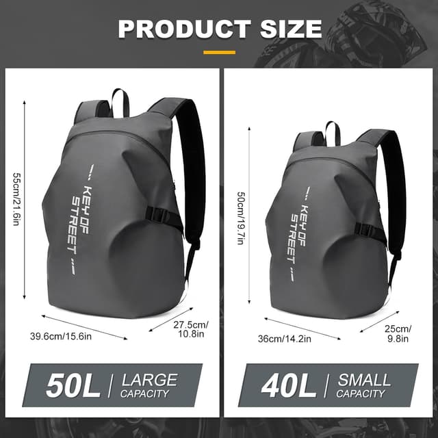 Detalle de WEPLAN Sac à dos de moto pour casque rigide, 45 L, gris réfléchissant et étanche