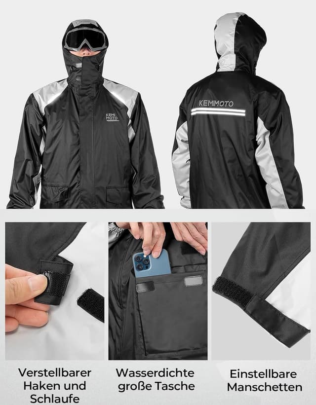 Detalle de KEMIMOTO Herren Motorrad-Regenanzug mit 15.000 mm Wassersäule – wasserdichte Regenjacke & Regenhose