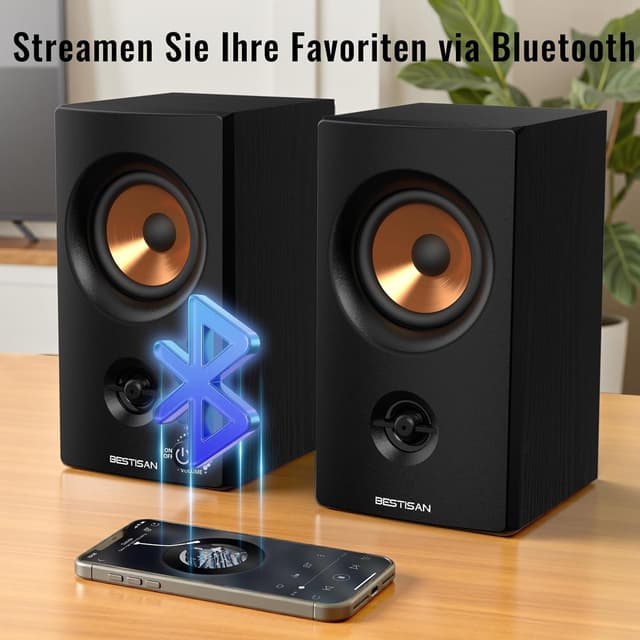 Detalle de BESTISAN Aktive Regallautsprecher mit Bluetooth- und RCA-Eingang (3 Zoll) für PC, Desktop & Gaming
