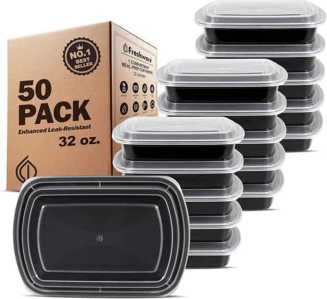 Detalle de Freshware 50-Pack Meal Prep Containers (1 Compartment, BPA-Free, 32 oz) with Lids