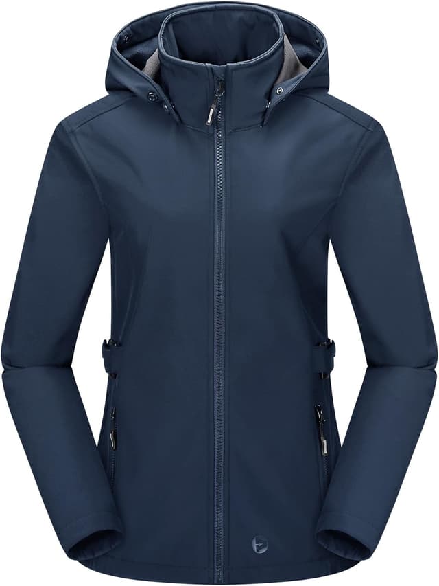 Detalle de Outdoor Ventures Damen Softshelljacke kurz gefüttert – wasserdicht, winddicht mit abnehmbarer Kapuze