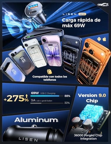 Detalle de LISEN cargador de coche para mechero 12/24V con USB-C 36W (PD 3.0) y USB-A QC 3.0, cuerpo metálico y carga rápida