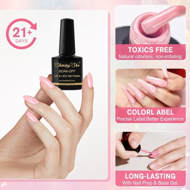 Detalle de Shining She UV Nagellack-Set (6 Farben) Nude Rosa – Gel Polish zum Aushärten unter LED/UV-Licht