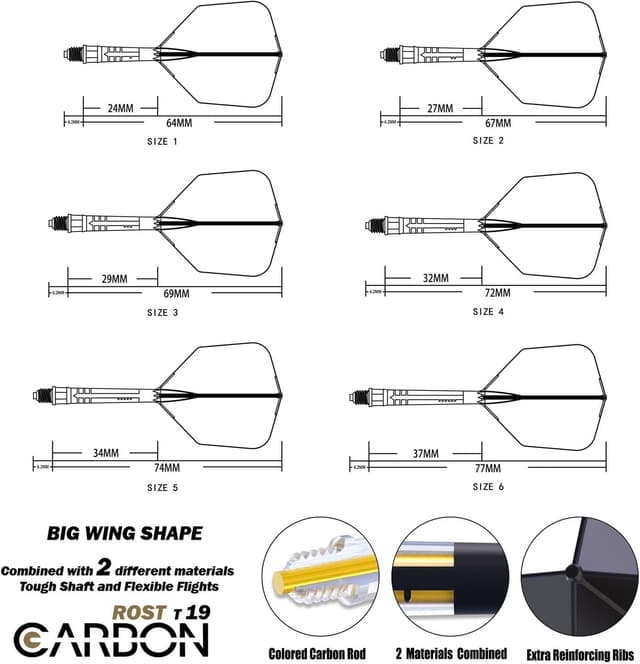 Detalle 2 de CUESOUL ROST T19 Carbon Integrated Dart Shaft with Big Wing Flight (Set of 3)
