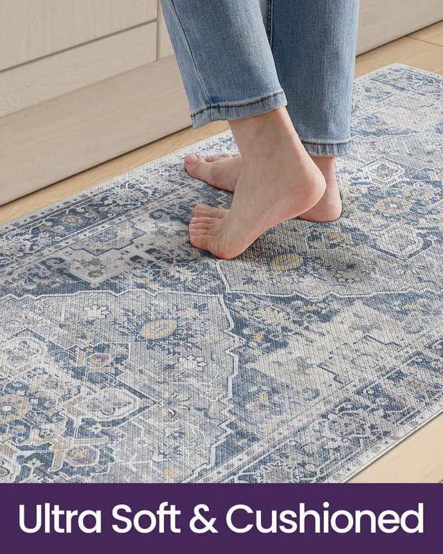 Detalle 2 de DEXI Kitchen Floor Mats Anti-Fatigue Runner (23x86) Waterproof Cushioned Vintage Rug, Light Grey and Blue