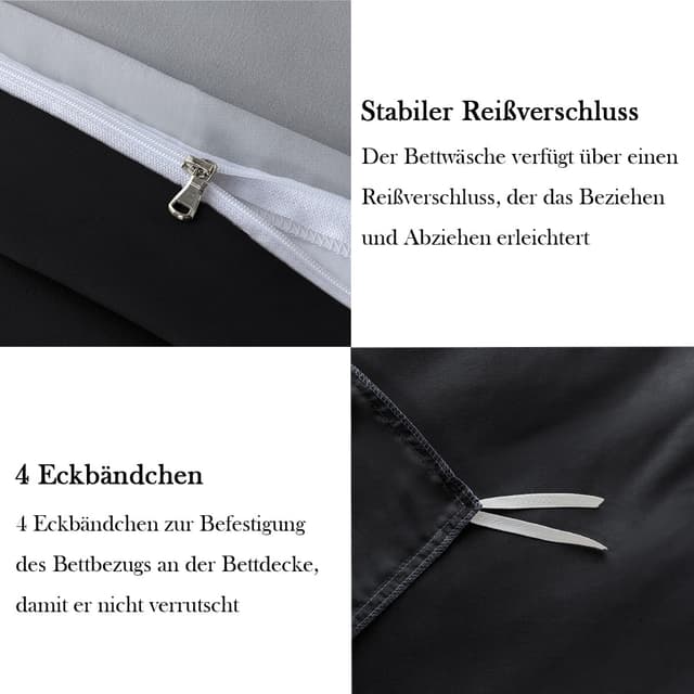Detalle 2 de Nesture Bettwäsche 135x200 (4-teilig) Schwarz/Grau aus Microfaser, wendbar & bügelfrei