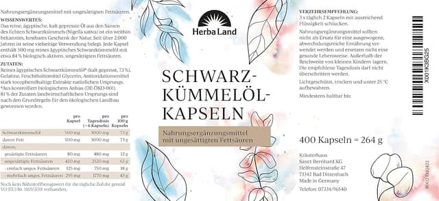 Detalle 1 de Herbaland Schwarzkümmelöl Kapseln 400