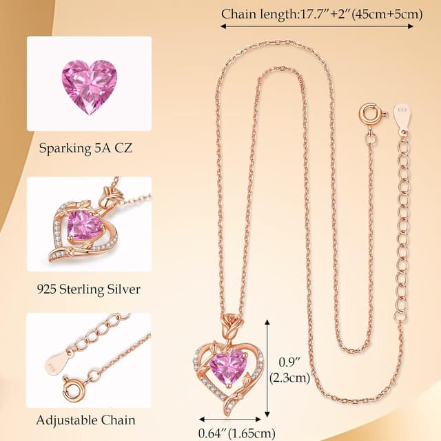 Detalle de Collier femme MISUMOR en argent 925, rose et cœur serti de zirconite (pierre de naissance)