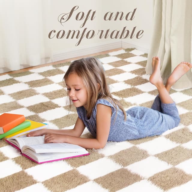 Detalle de Toohub Super Soft 6x9 Ft Beige and White Checkered Shaggy Area Rug (Non-Skid, High Pile)