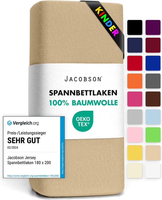Detalle de Jacobson Jersey Spannbettlaken BASIC für Kinderbett (Baumwolle) in Beige, 60x120–70x140 cm