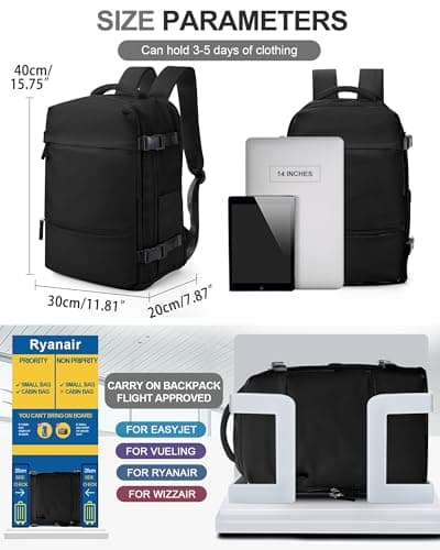 Detalle de BJLFS Mochila de viaje de cabina 40x30x20 (compatible Ryanair) con compartimento portátil y tejido impermeable