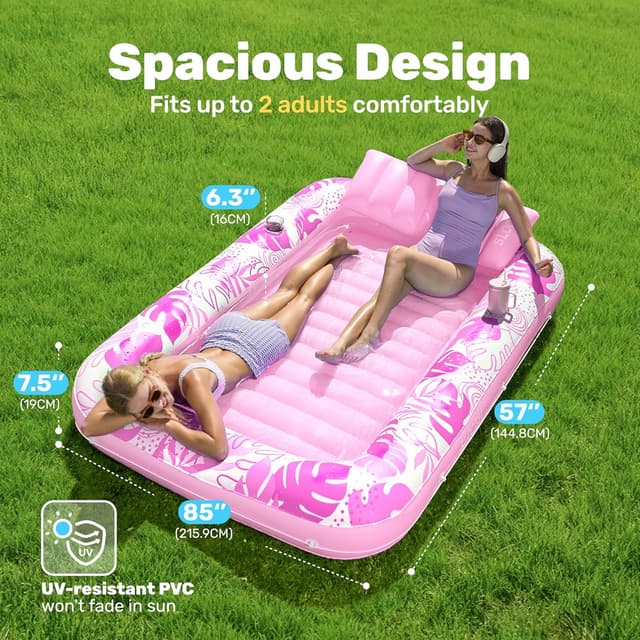 Detalle 2 de SLOOSH Inflatable Tanning Pool Lounger Float (85" x 57") for Adults, Extra Large Sunbathing Raft with Removable Pillow, 4-in-1 Design, Blushing Pink