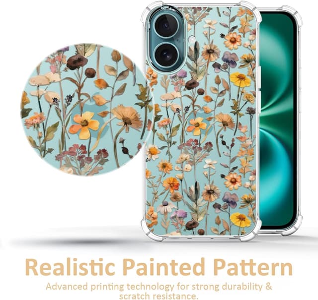 Detalle de CAROKI Clear Phone Case for iPhone 16 (6.1") – WildFlower Pattern TPU bumper cover